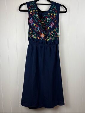 Navy Embroidered Floral Boho Midi Dress Belted Sleeveless M